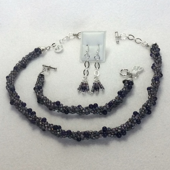 FINAL SALE PRICE Chalcedony & Woven Beads Set in Purple & Lavender - Picture 1 of 5